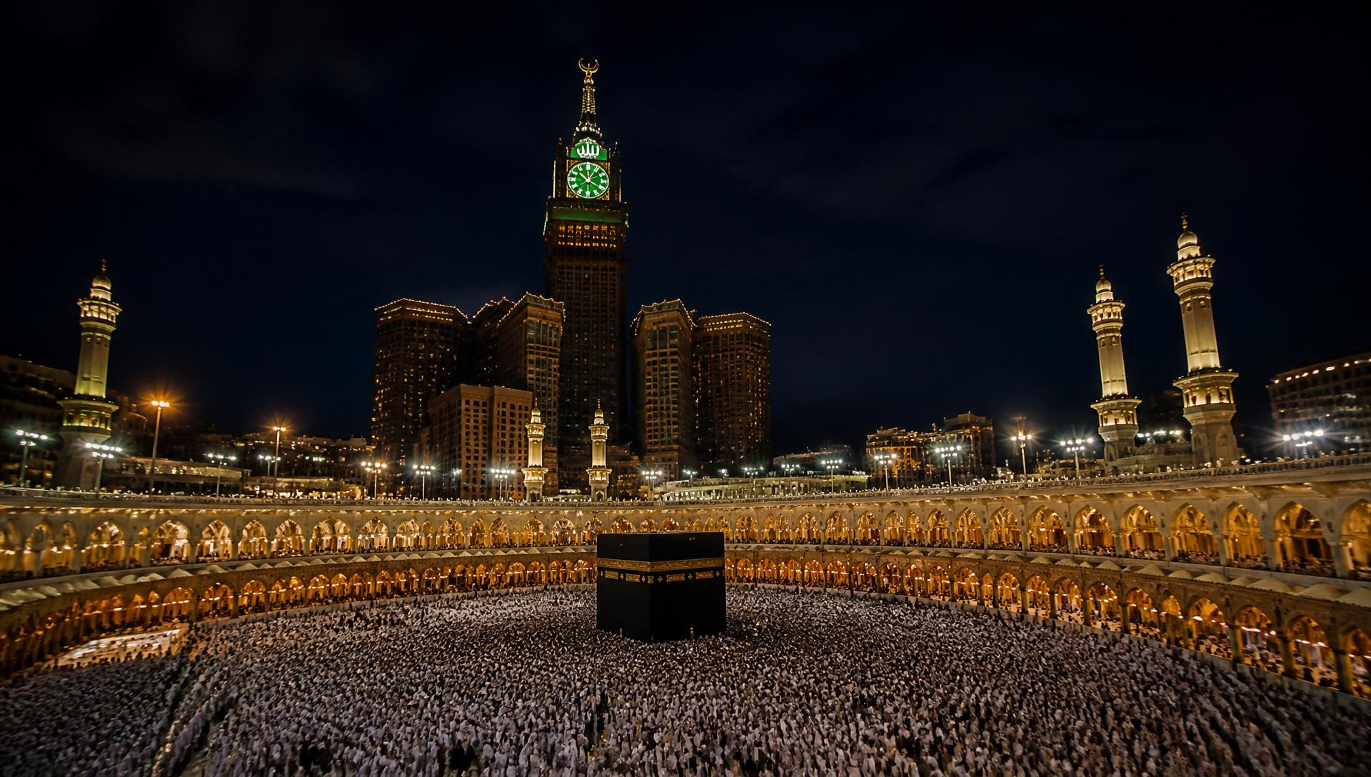 La Kaaba illuminée à la Grande Mosquée de La Mecque